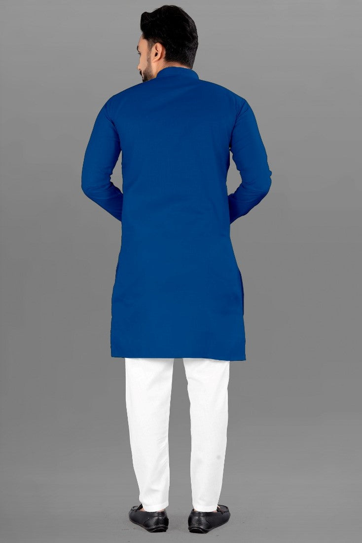 Men's Cotton Blend Straight Solid Kurta (Blue) - GillKart