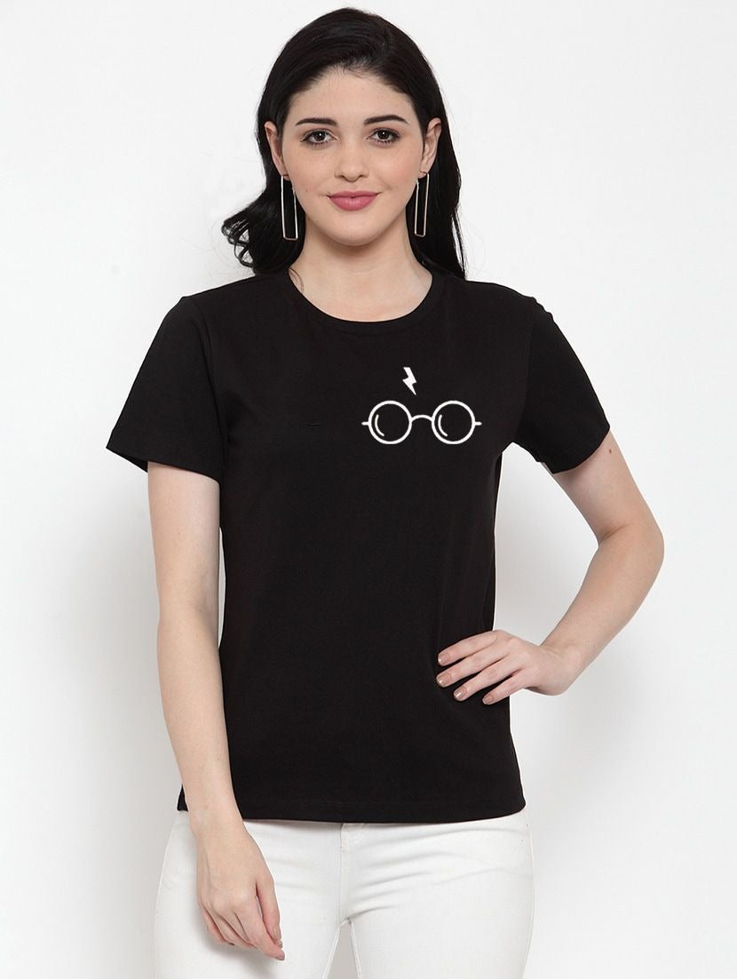 Women's Cotton Blend Left Corner Black Eye Glasses Line Art Printed T-Shirt (Black) - GillKart
