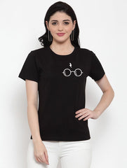 Women's Cotton Blend Left Corner Black Eye Glasses Line Art Printed T-Shirt (Black) - GillKart