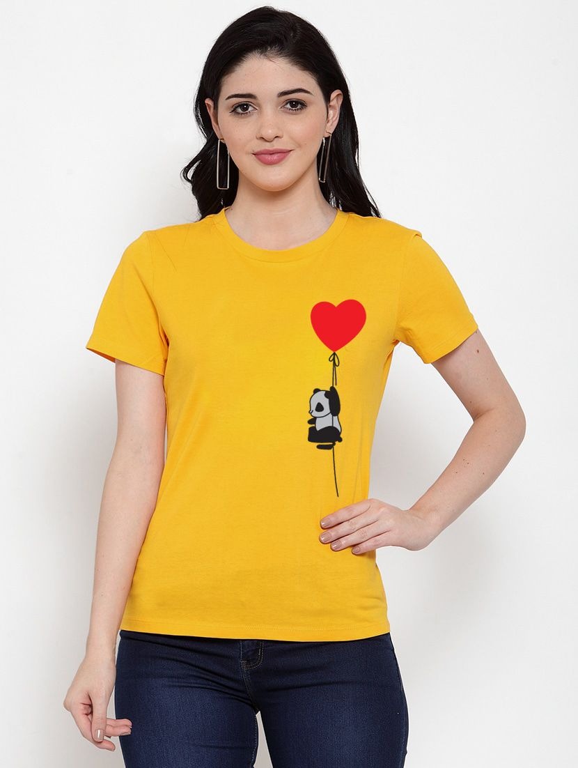 Women's Cotton Blend Panda With Heart Balloon Printed T-Shirt (Yellow) - GillKart