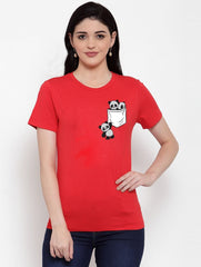 Women's Cotton Blend Pandas In My Pocket Printed T-Shirt (Red) - GillKart