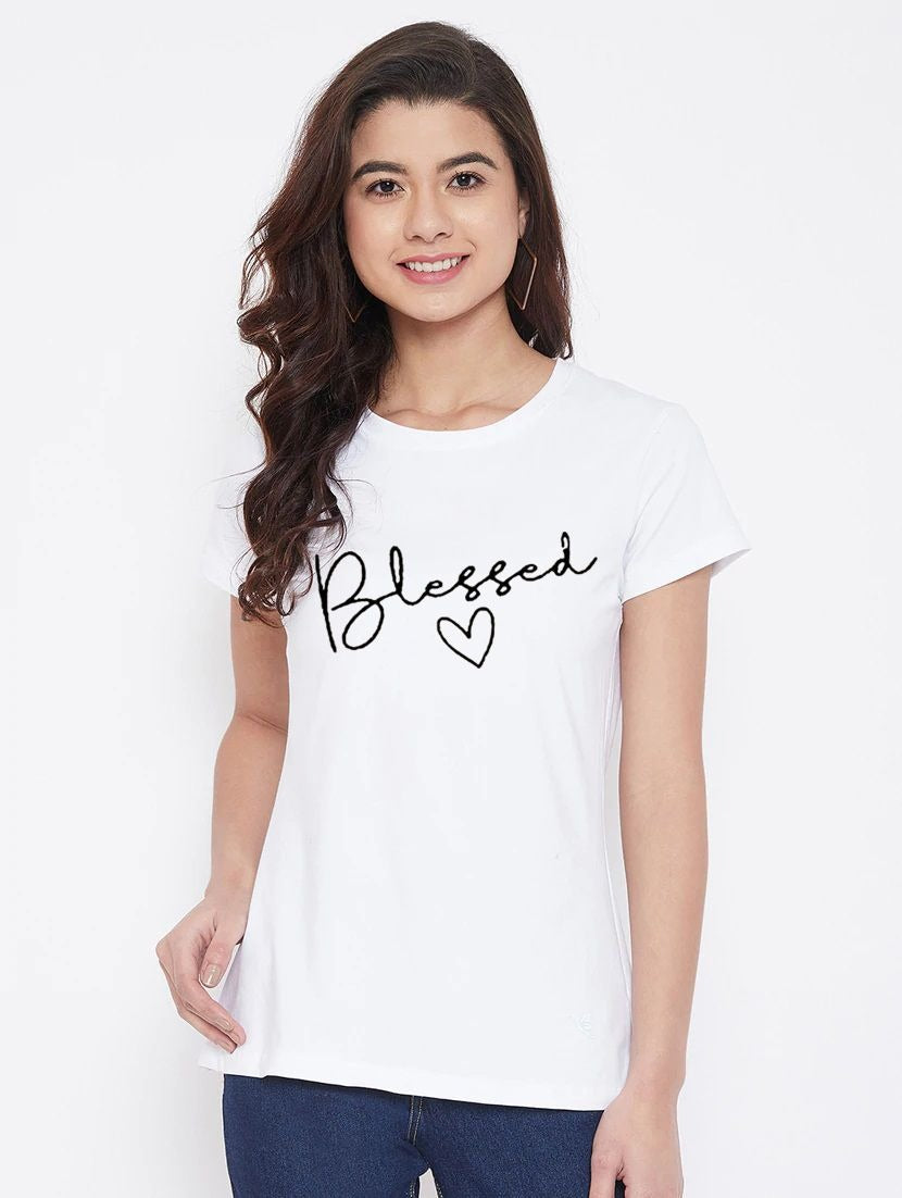 Women's Cotton Blend Blessed Printed T-Shirt (White) - GillKart