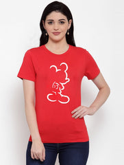 Women's Cotton Blend Mickey Mouse Line Art Printed T-Shirt (Red) - GillKart