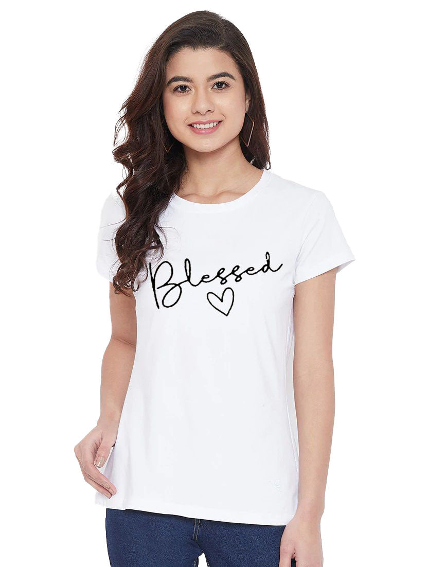 Women's Cotton Blend Blessed Printed T-Shirt (White) - GillKart