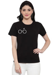 Women's Cotton Blend Right Corner Black Eye Glasses Line Art Printed T-Shirt (Black) - GillKart