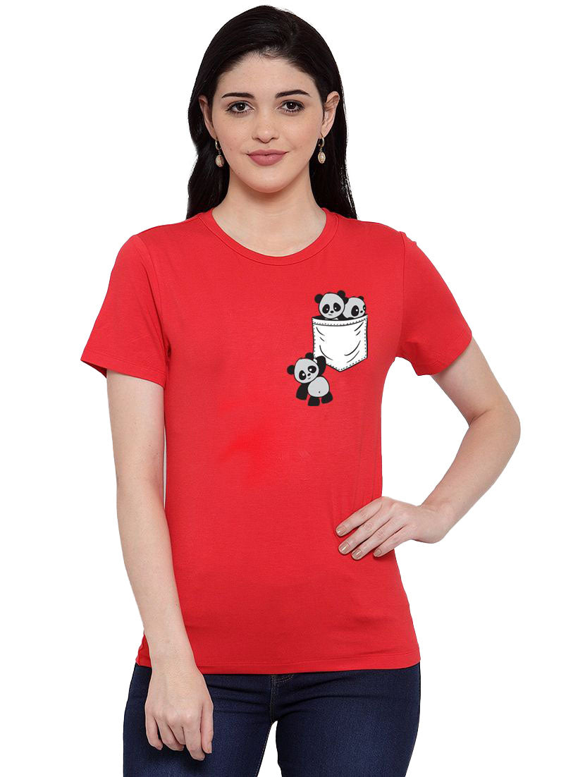 Women's Cotton Blend Pandas In My Pocket Printed T-Shirt (Red) - GillKart