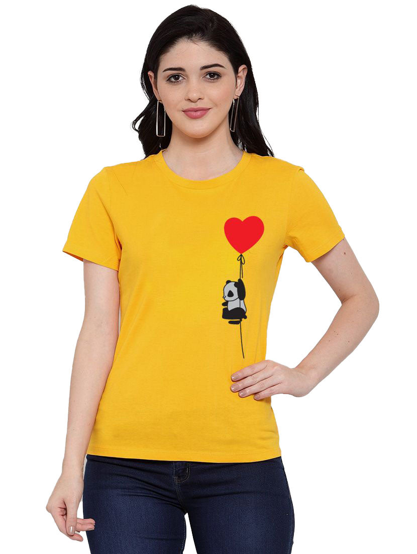 Women's Cotton Blend Panda With Heart Balloon Printed T-Shirt (Yellow) - GillKart