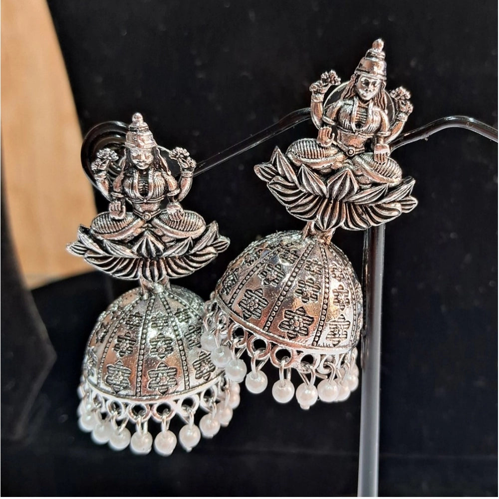 Women's Silver Color Goddess Laxmi Temple Oxidised Earrings - GillKart