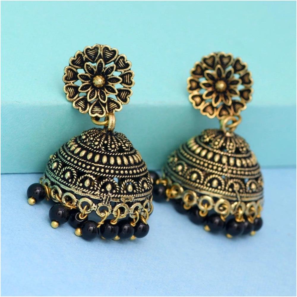 Women's Rajasthani Traditional Wedding Collection Floral Design Gold Oxidised Black Color Jhumki Earrings - GillKart
