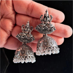 Women's Silver Color Goddess Laxmi Temple Oxidised Earrings - GillKart