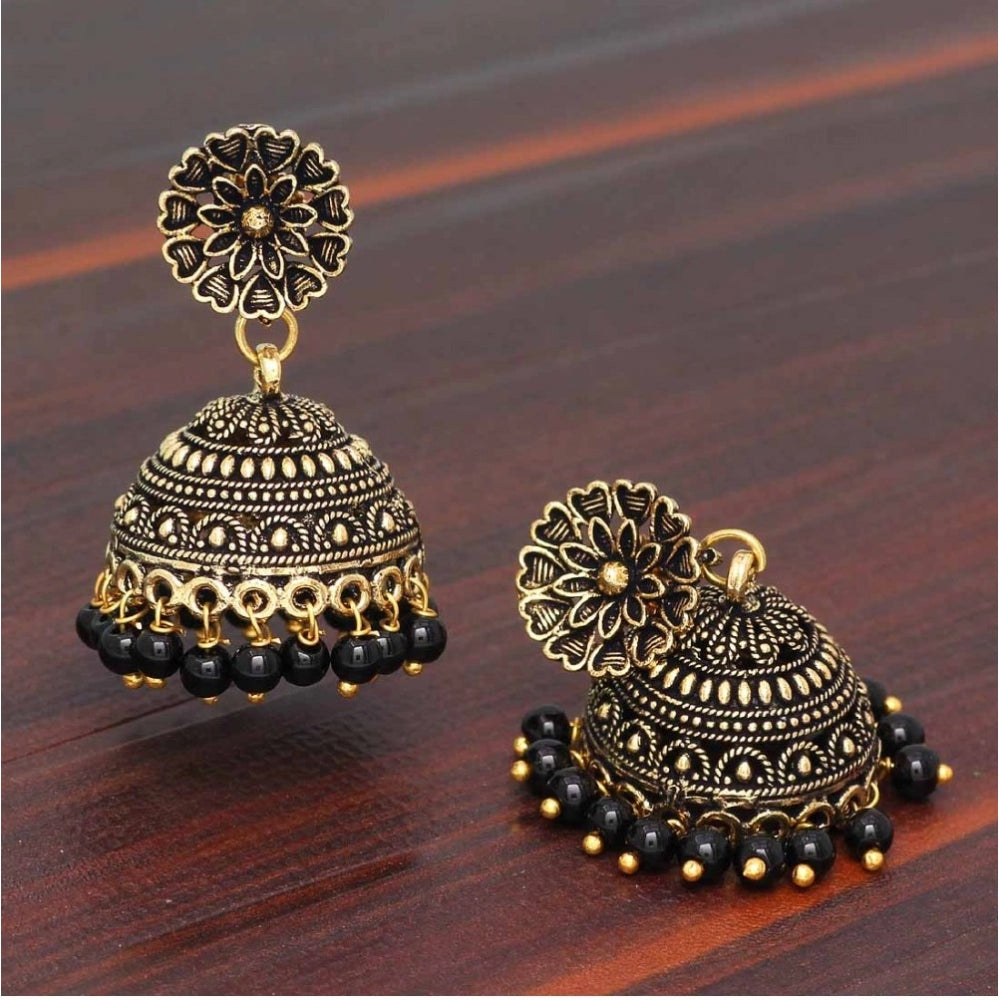 Women's Rajasthani Traditional Wedding Collection Floral Design Gold Oxidised Black Color Jhumki Earrings - GillKart
