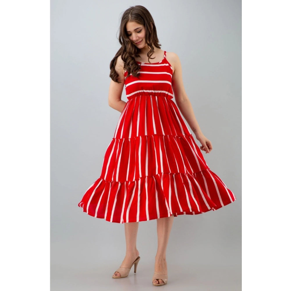 Women's Casual Sleeveless Striped Crape Dresses (Red) - GillKart
