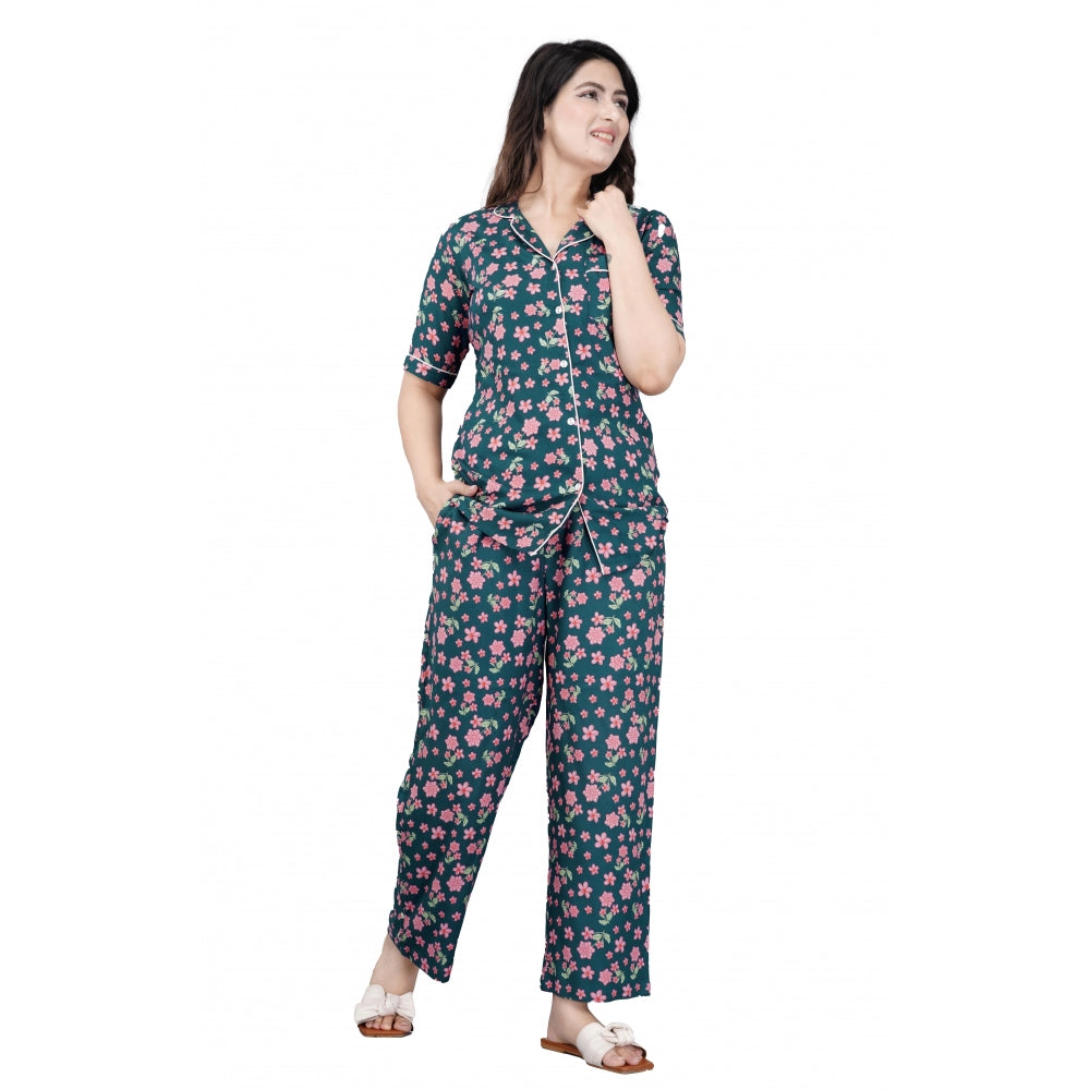 Women's Casual Half Sleeve Printed Viscose Rayon Shirt With Pyjama Pant Night Suit Set (Teal) - GillKart