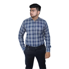 Men's Cotton Lycra Full Sleeve Checked Casual Shirt (Navy Blue) - GillKart