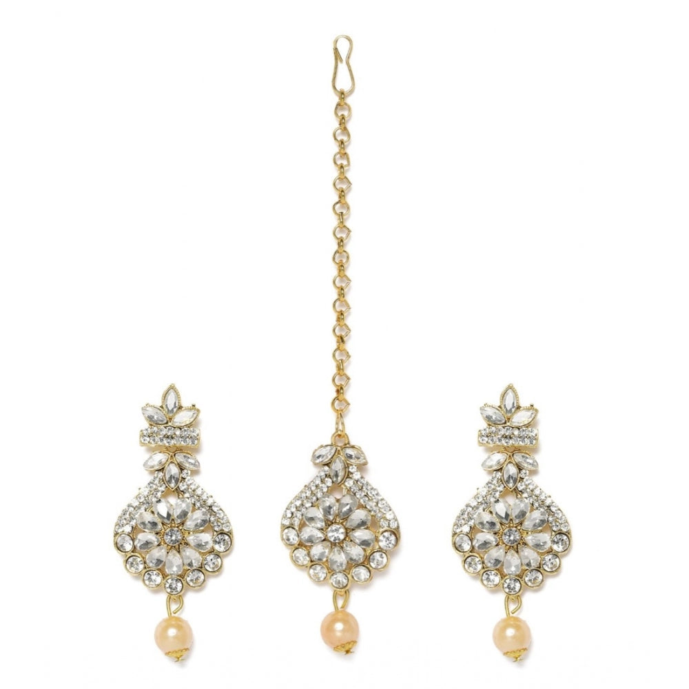 Women's Rose Gold Plated Alloy Kundan Earrings &amp; Mangtikka (White) - GillKart