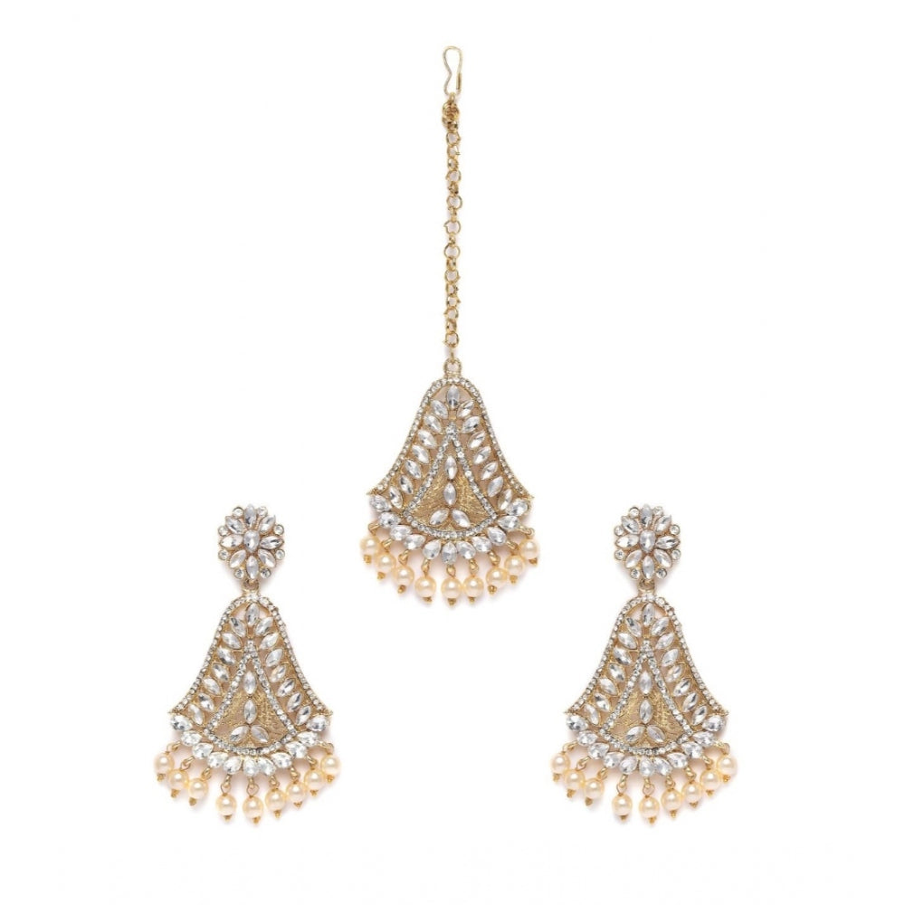 Women's Rose Gold Plated Alloy Kundan Earrings &amp; Mangtikka (White) - GillKart